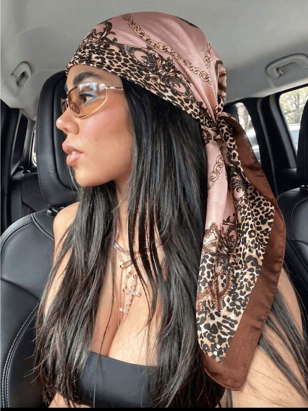 Silk Leopard-Print Head Scarf in Pink and Brown